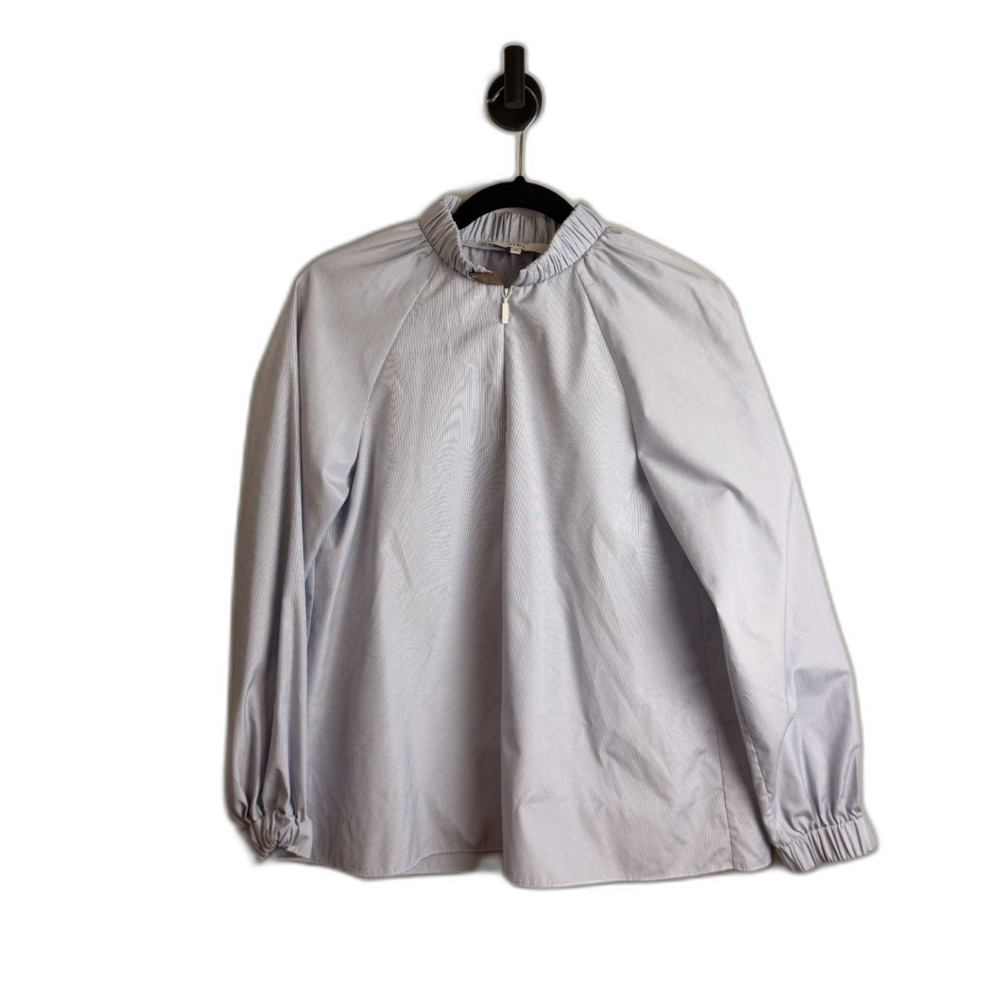 Tibi Blue White Pinstripe Zip Front Ruffle Neck Blouse Size 00